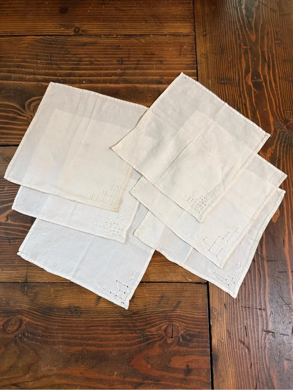 Set of Six White Linen Cocktail Napkins